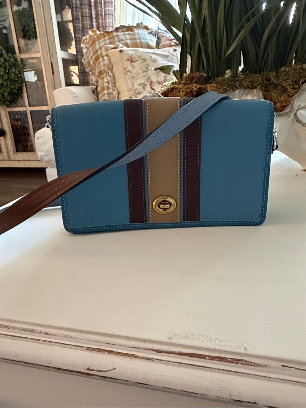 Coach Blue Leather Crossbody with Brown and Tan Stripe Accents